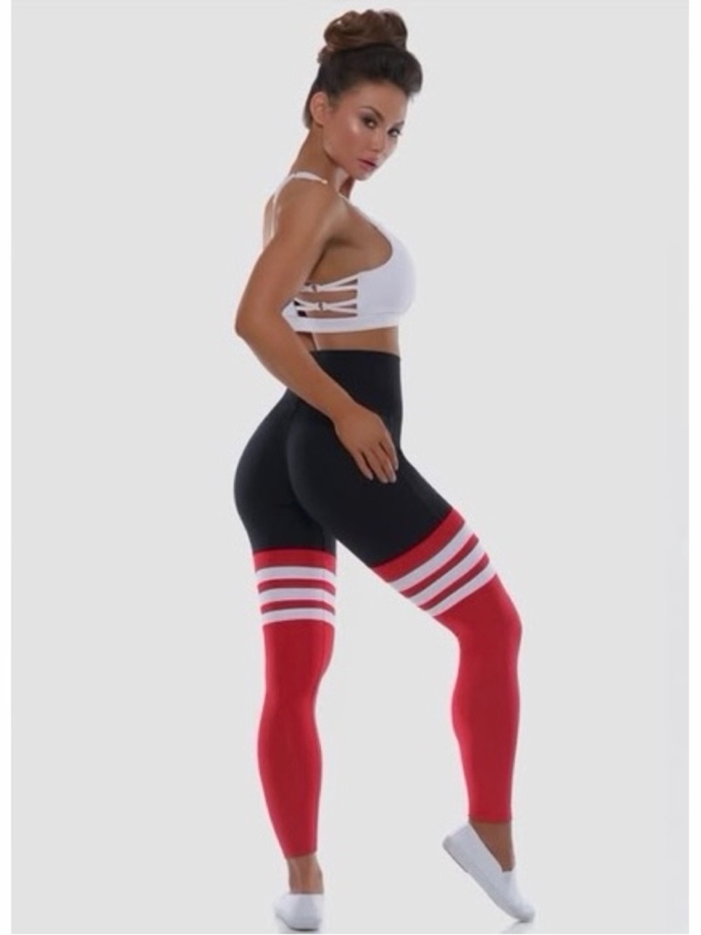 Bombshell Sportswear Black and Red High-Waist Leggings with White Stripe Detail